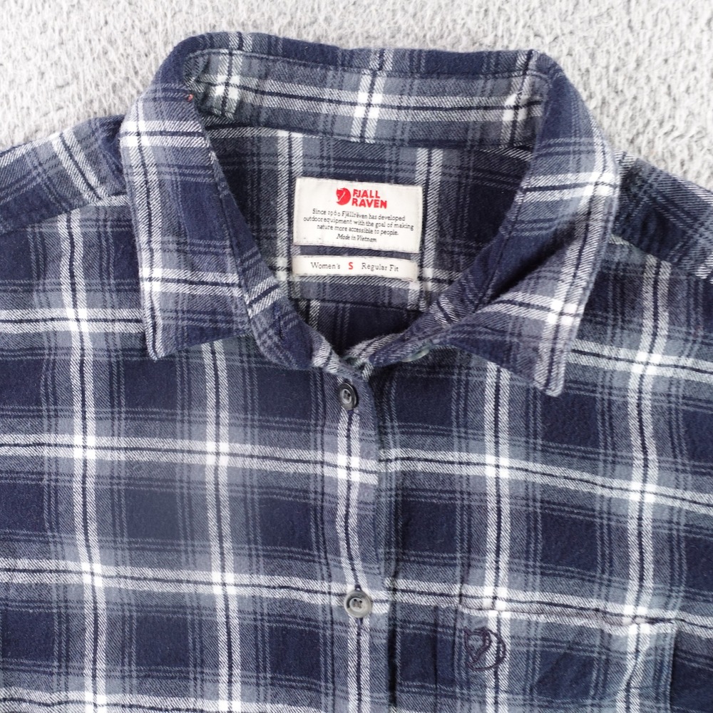 Fjallraven Ovik‎ Flannel Shirt Women Small Navy Blue Plaid Organic Cotton 89833